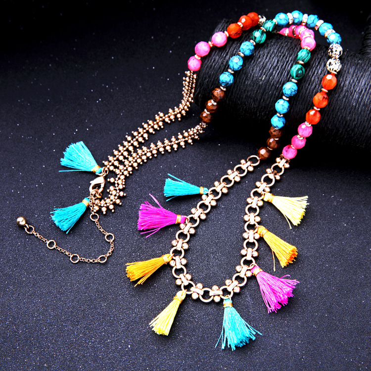 Korean Style Bohemian Ethnic Style Necklace High Profile Retro Tassel Sweater Chain Design Temperament Gem Clavicle Chain display picture 4