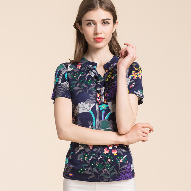Silk Short Sleeve T Shirt for Women Mulberry Silk Plus Size Floral Print Stand Collar Summer Casual Wear