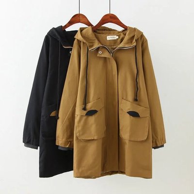 K71大码女装2017秋装新款韩版胖mm中长款显瘦连帽风衣外套8030|ms