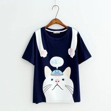 日系森女系 2020年夏裝新款 卡通貓咪印花圓領短袖T恤 女裝批發