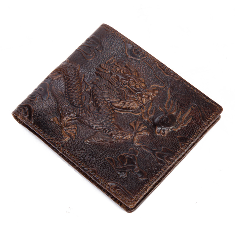 Oil wax wallet for men women, genuine leather with dragon tiger patterns, 2-fold top layer cowhide wallet, and_voghion.com