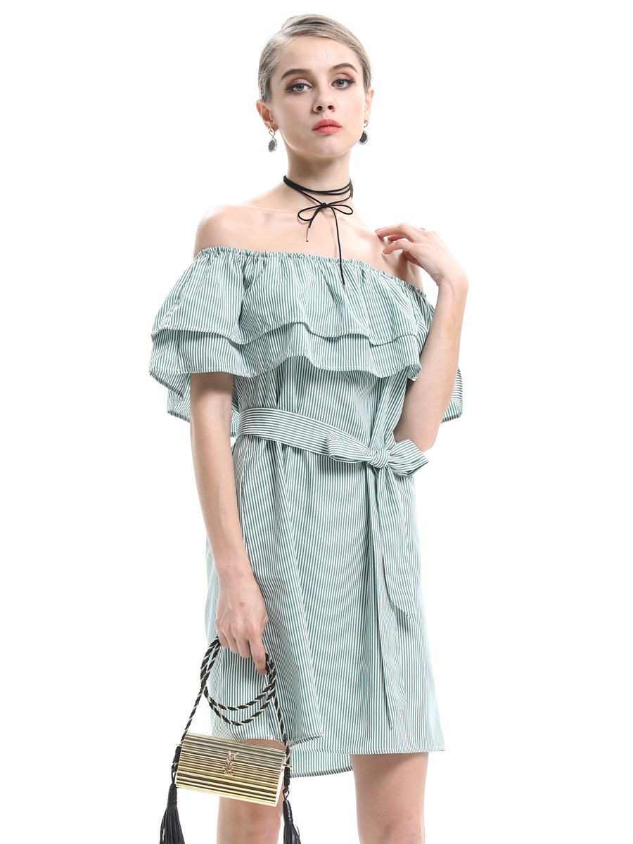 Off-The-Shoulder One-Line Collar Ruffle Striped Dress NSJR36731