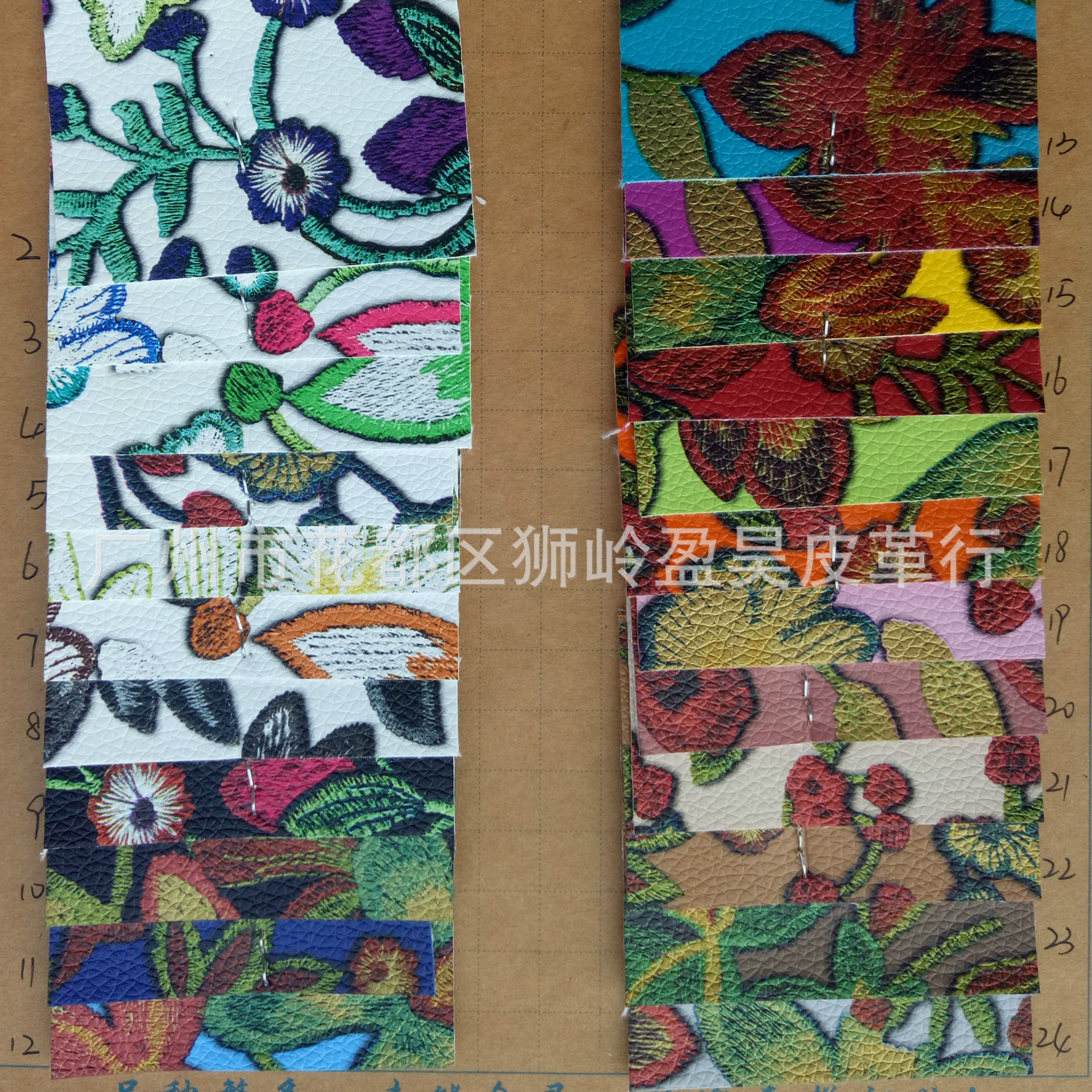 现货供应高档金属仿刺绣印花花膜PVC荔枝纹皮革 起毛底耐撕皮革