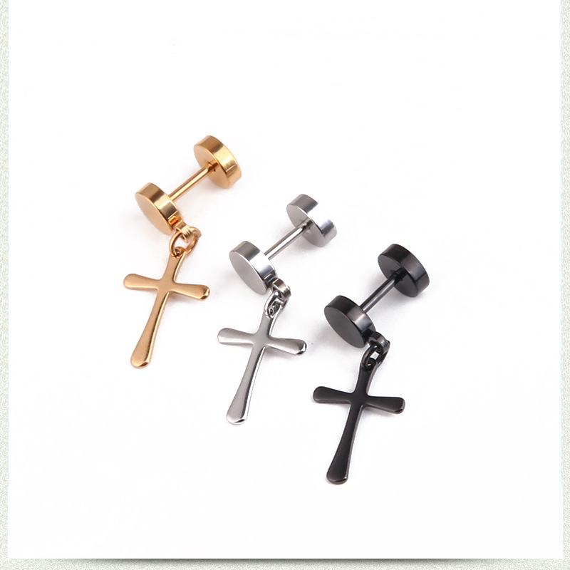 1 Piece Simple Style Cross Plating Titanium Steel Drop Earrings display picture 4