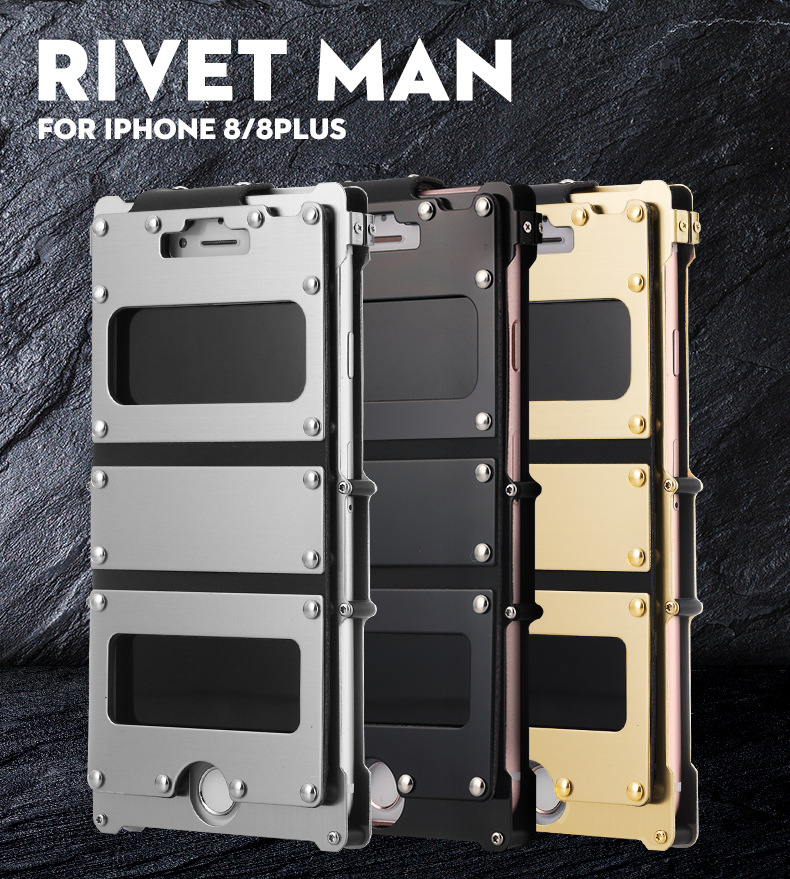 Armor King Iron Man Stainless Steel Dual Window Rivet Leather 360° Flip Case Cover for Apple iPhone 8 Plus & iPhone 8