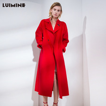 LUIMINE冬季新款長款過膝雙面呢大衣大紅色羊毛外套寬松腰帶女裝