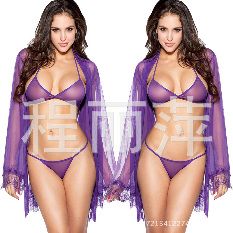 Ropa interior de mujer europea y americana sexy transparente de tres puntos bikini traje de albornoz de malla de encaje de pestañas 1212