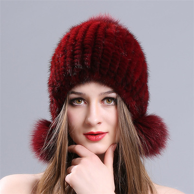 Han edition female minks hair weaving sweet three ball hat thickening double warm winter fox fashion hat