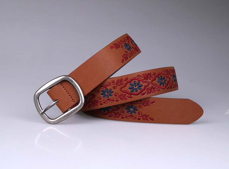 Retro Ethnic Style Geometric Pu Leather Alloy Embroidery Women's Leather Belts display picture 1