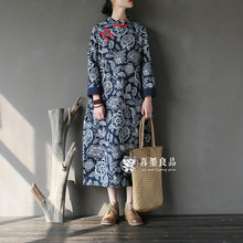 1788喜墨原创复古摇粒绒春款连衣裙 长袖宽松民族风女装盘扣袍子