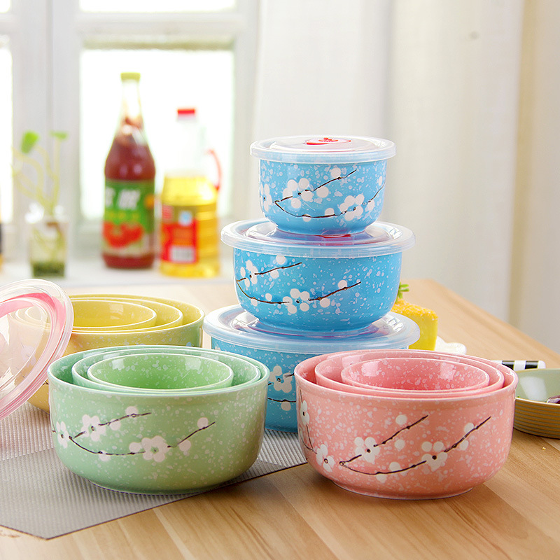 厂家直销保鲜碗陶瓷三件套礼品饭盒 密封碗雪花釉保鲜餐具批发