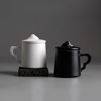 居办公杯 马克杯日式黑白带盖过滤泡茶杯 创意个性大号陶瓷杯