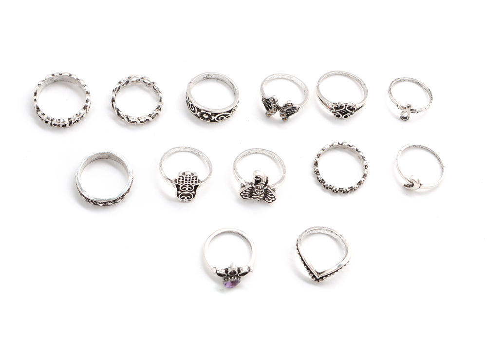 Retro Crown Palm Elephant Geometric Alloy Ring 13-piece Set display picture 6
