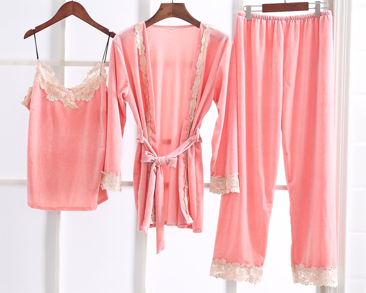 Autumn winter gold velvet three-piece sexy embroidery lace suspender pajamas NSMR12743