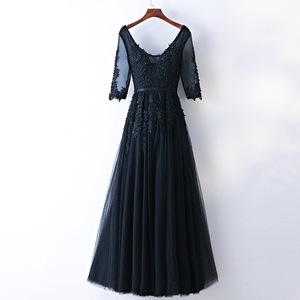 New fashion banquet autumn evening dress long black girls party host size thin long sleeved