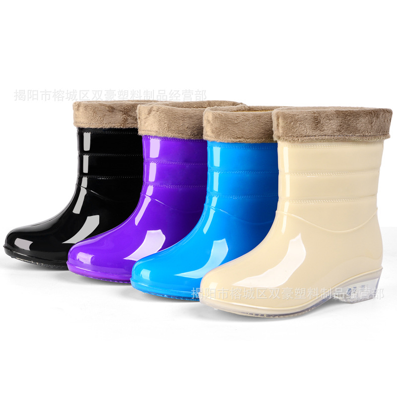 中筒雨鞋女式加绒保暖雨靴女士短筒水靴防滑厚底耐磨耐酸碱水胶鞋|ru