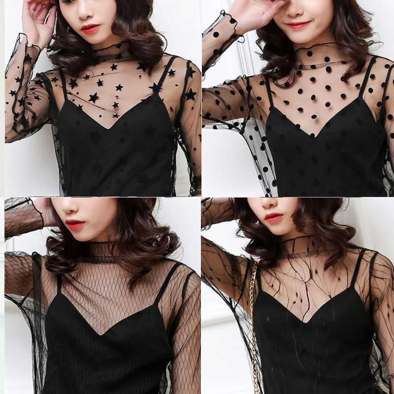 Women's mesh see-through bottoming shirt New Korean style mesh inner black small sexy mesh top pullover long sleeve
