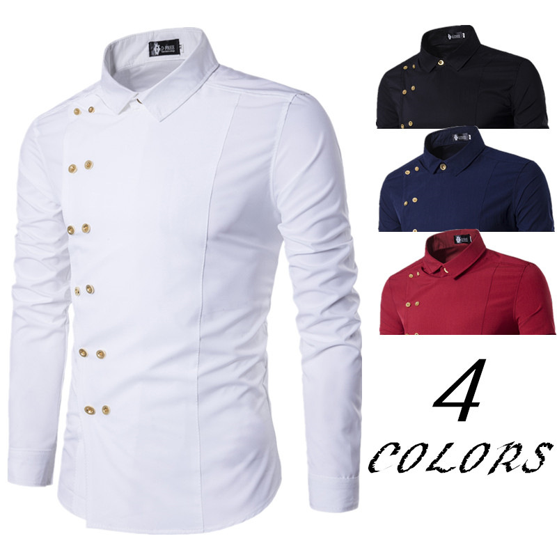 Amazon new men's diagonal double breasted slim long sleeve shirt thin solid color shirt Large Men's wear