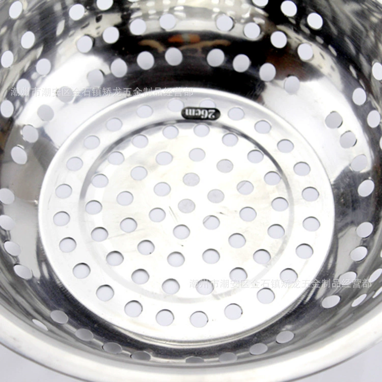 Stainless steel flat-side washing rice sieve 08-hole washing rice pots washing basin punching pot noodles filtering fruit basket 26-42cm