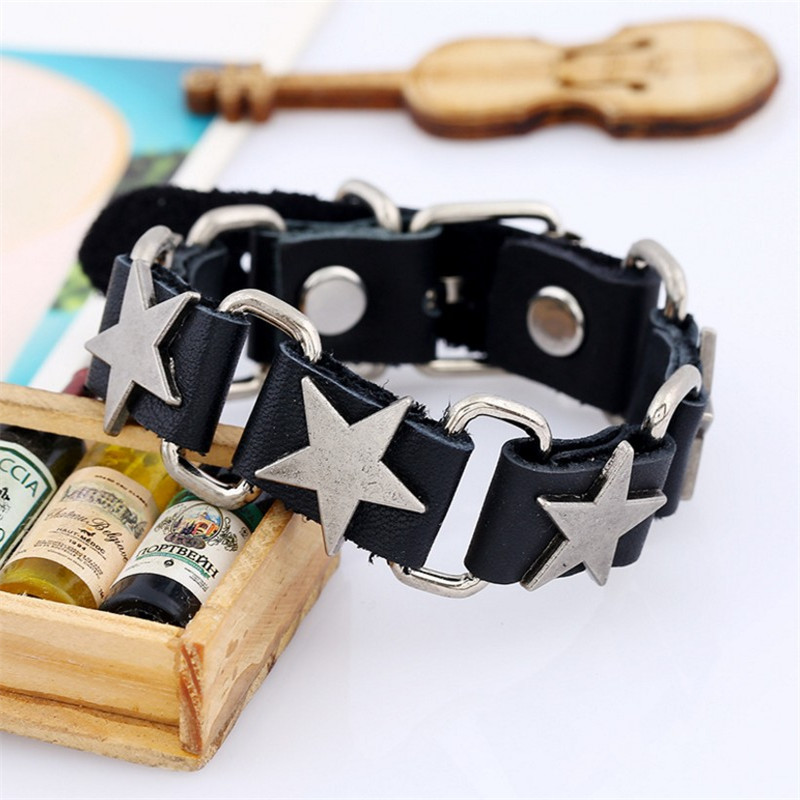 Alloy, Leather, Iron Material Hip-Hop Pentagram Alloy Leather Iron Men'S Bracelets Men Cord & Leather Bracelets