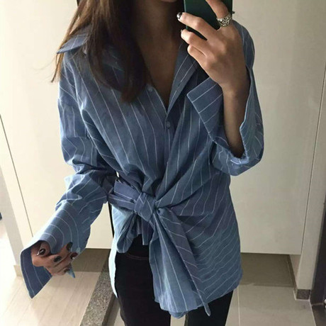 2017韓國代購 chic設計感斜扣綁帶顯瘦翻領條紋襯衫工廠,批發,進口,代購