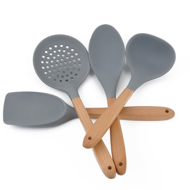 亚马逊 榉木手柄多功能汤勺 硅胶厨具5件套 耐高低温烹饪勺铲