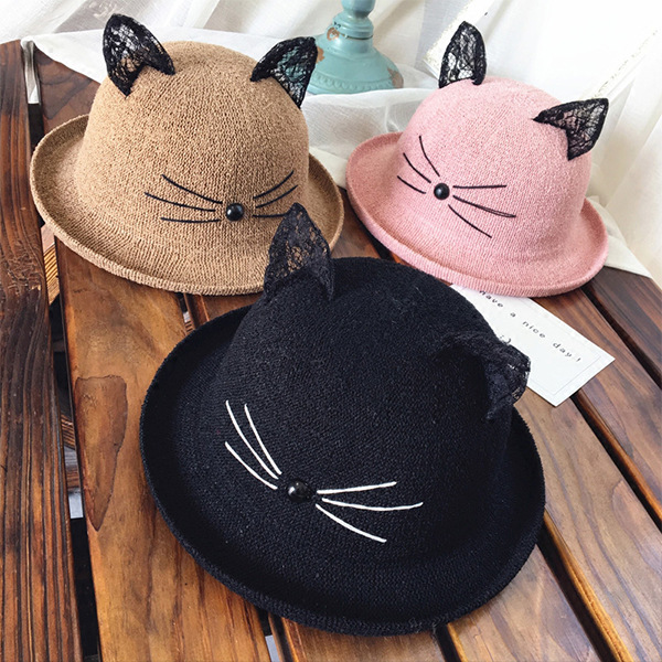 Korean Lace Cat Ears Sunshade Sunscreen Straw Hat display picture 2