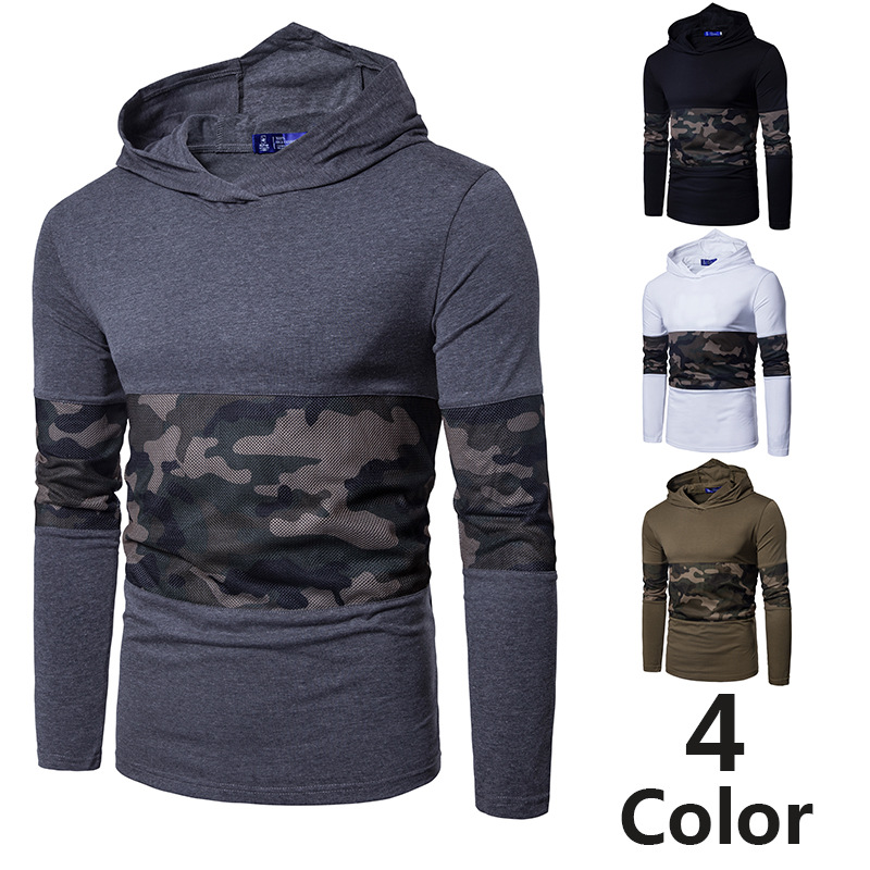 Foreign trade men's autumn and winter new Pullover Hooded camouflage mesh splicing long sleeve t-shirt men's European men's T-shirt