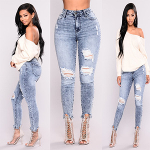 Europe elastic holes hot waist ladies jeans little feet pants
