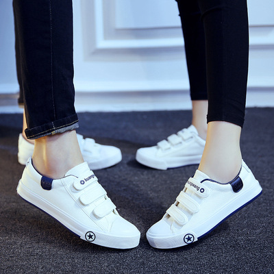 秋季新款低帮平底魔术贴女鞋中学生帆布鞋女男情侣鞋韩版小白鞋子