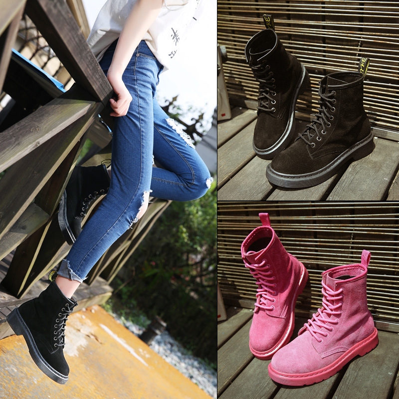 2018新款复古磨砂马丁靴女英伦风夏天粉色单靴子学生平底粗跟短靴