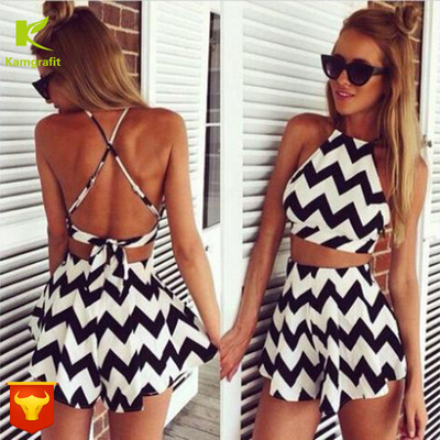 AliExpress ebay summer Best Sellers Explosive money Europe and America Women's wear Striped skirt suit camisole Backless Dress shorts