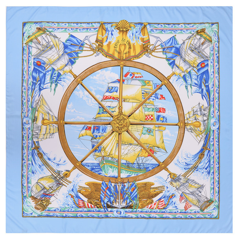 New Style 130cm Fashion Silk Scarf Oil Painting Sailboat Printing Twill Big Square Scarf Shawl Scarf display picture 4