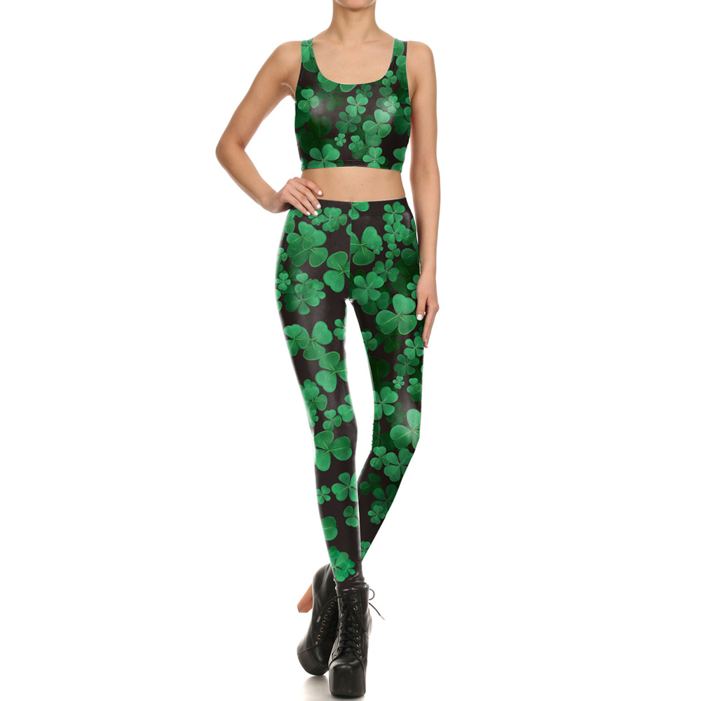 Cross border Explosive money Digital Printing fashion suit Elastic force European style Clover Leggings vest Two piece set