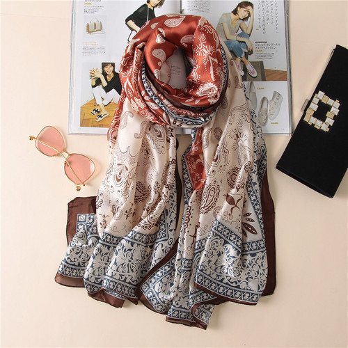 Spring and autumn new ethnic style scarf for women, fashionable printed imitation silk sunscreen scarf, elegant warm and thickened scarf