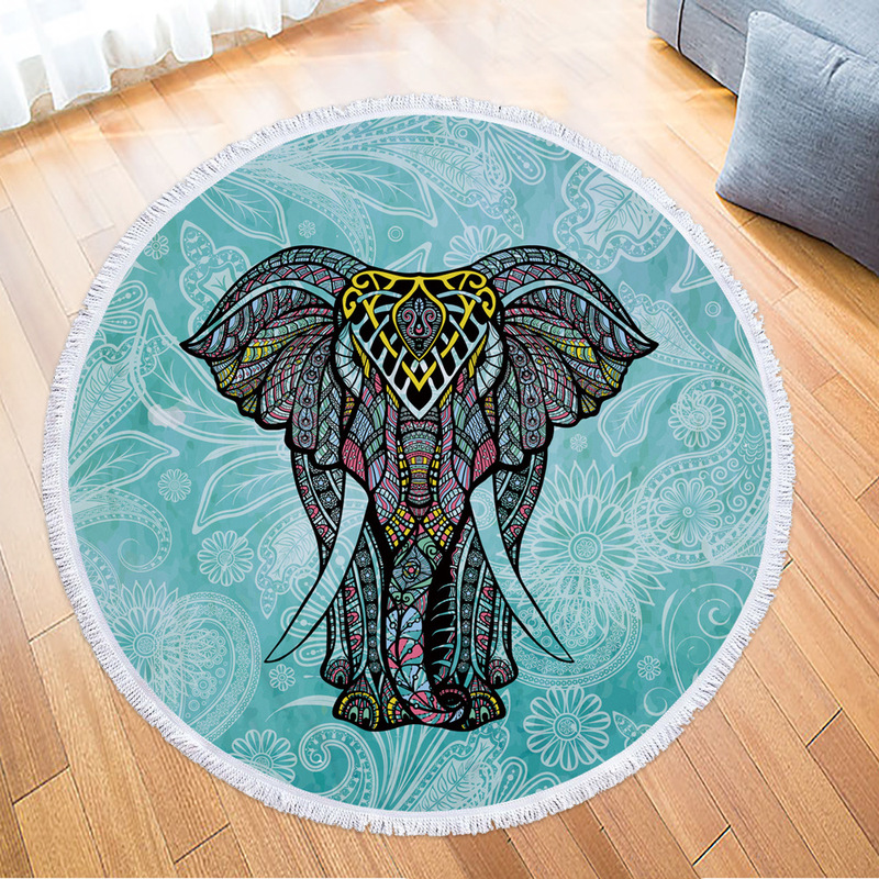 Wholesale Indian Elephant Microfiber Printed Round Beach Towel with Tassel 150cm Printable LOGO