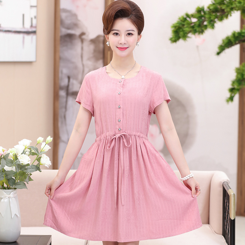 2017春夏新款中老年妈妈装大码修身抽绳系带