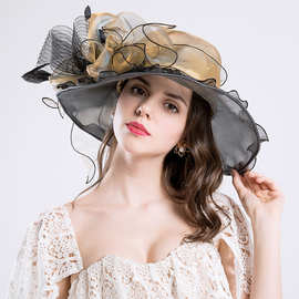帽子夏季新款花朵防紫外线欧美女时装帽防晒网纱太阳帽大沿遮阳帽