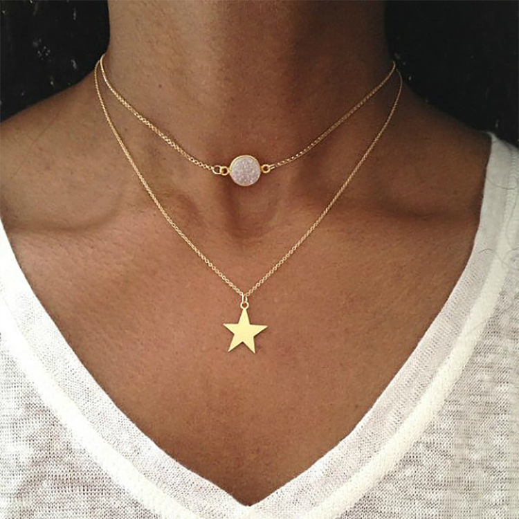Fashion Two-layer Pendant Necklace Creative Five-pointed Star Frosted Gemstone Multi-layer Necklace Women display picture 1