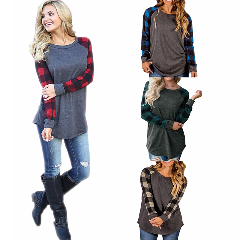 Round Neck Neckline Wholesale Women'S Fashion Plaid Long Sleeve Printing T-Shirts