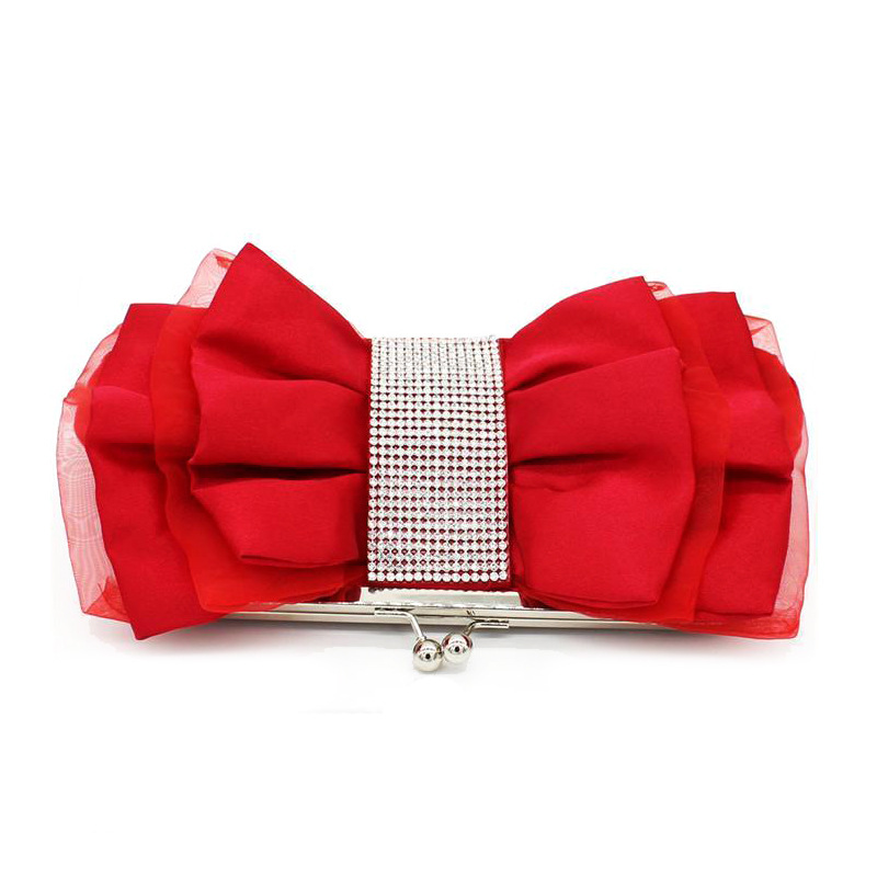 Túi clutch dạ tiệc satin nơ xếp ly đính kim cương – kèm dây đeo chéo — Màu đỏ, Màu đen, Màu Sâm panh, Màu bạc chi tiết 4