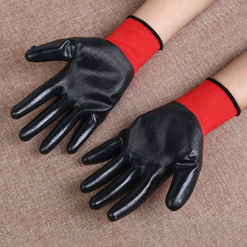 customized logo Silk screen Thermal transfer nylon Nitrile Anti-oil Dipped glove protect Gloves Manufactor