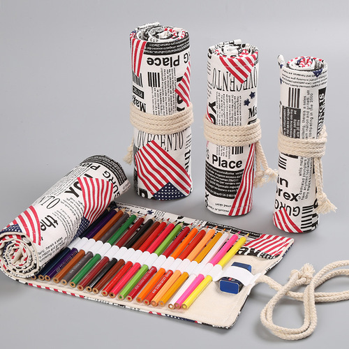 Handmade American Flag Canvas Pen Holder with 12/24/36/48/72 Colored Pencil Roll Pouch Creative Storage Stationery Box