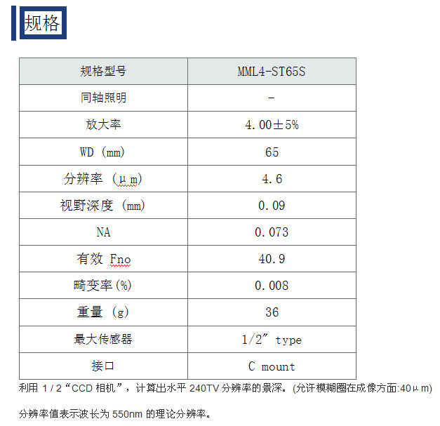 Moritex茉丽特MML-ST系列 MML固定倍率镜头 MML4-ST65S 远心镜头