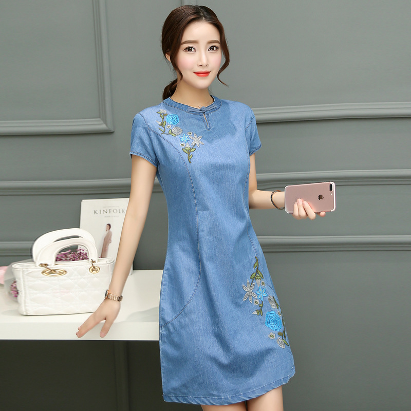 Drip Tray Button Slim Embroidery Length Cheongsam Skirt Denim Dress