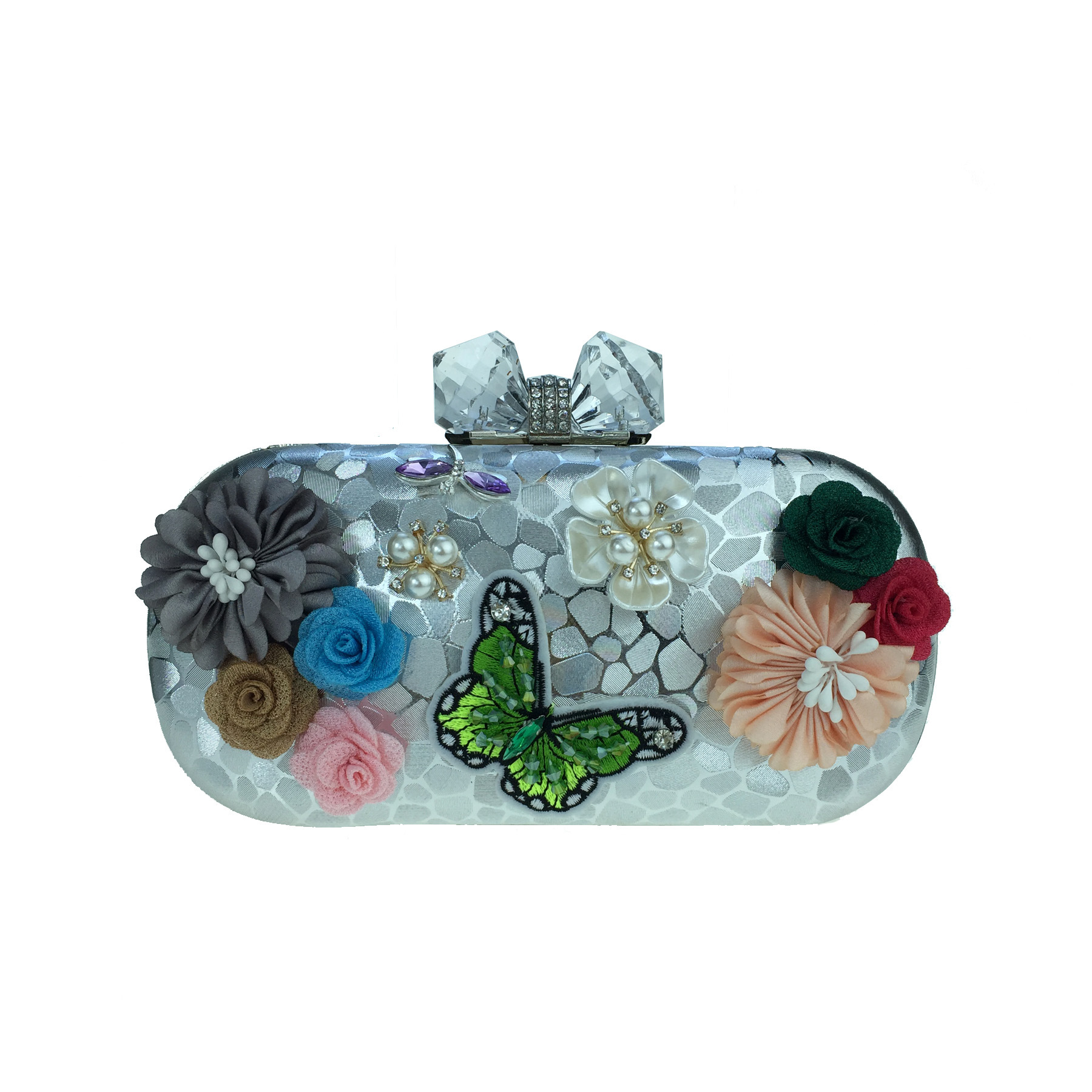 Túi clutch nữ dạ tiệc hoa satin thêu hạt bướm ngọc trai, tay cầm kim loại và dây đeo ngọc trai — Màu đỏ, Màu vàng, Màu bạc chi tiết 15