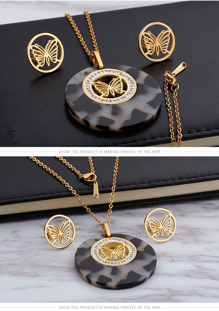 wholesale fashion stainless steel diamond round gold butterfly necklace earring set ornaments