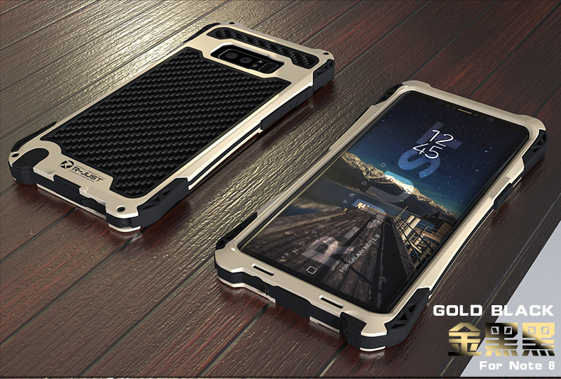 R-Just Amira Heavy Duty Dirtproof Shockproof Rainproof Aluminum Metal Bumper Carbon Fiber Back Cover Case for Samsung Galaxy Note 8