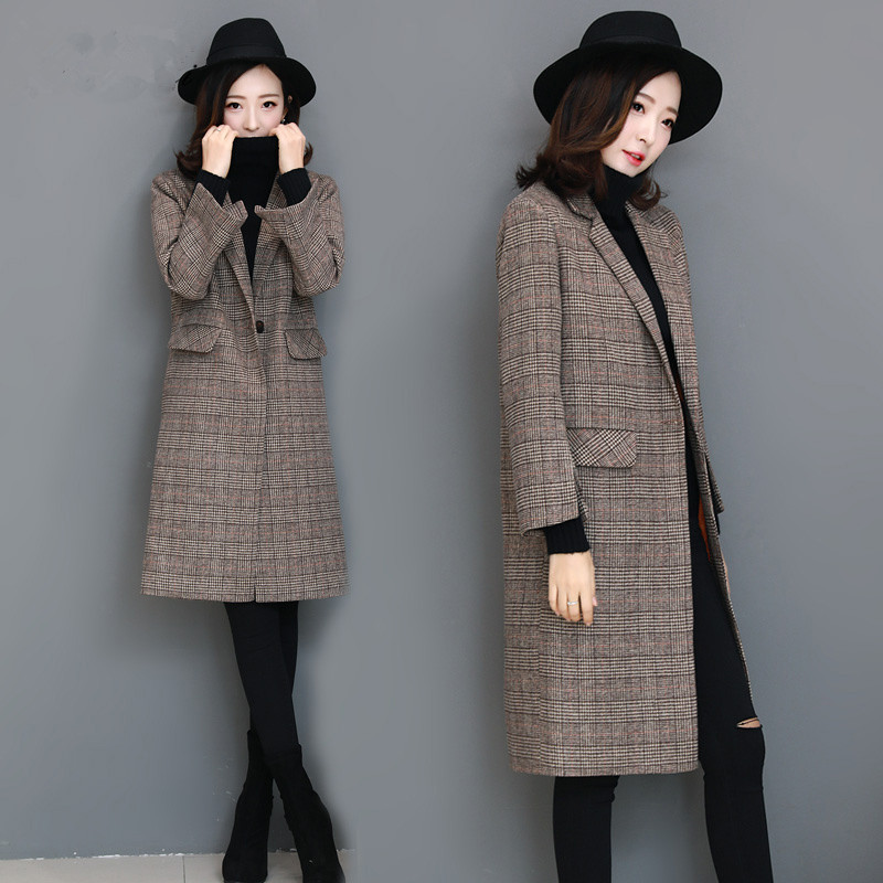 格子大衣女中长款韩版2017新款冬赫本复古加厚夹棉千鸟格毛呢外套|ru