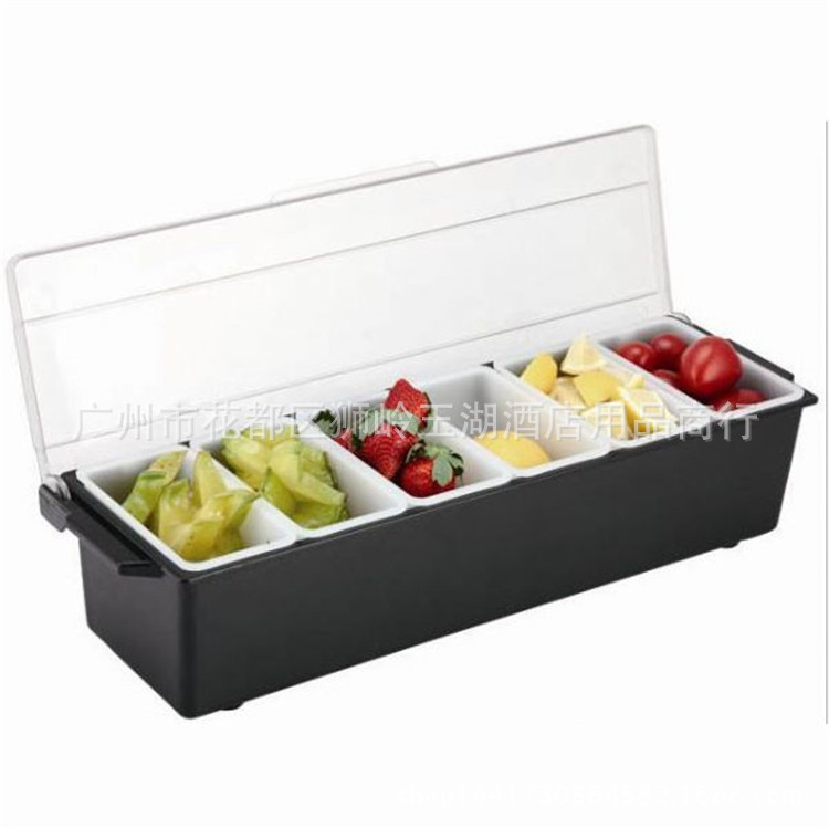 Caja de condimento comercial plato de fruta del hotel plato de fruta de plástico compartimiento con tapa 4 rejilla 6 rejilla caja de fruta más crujiente condimento